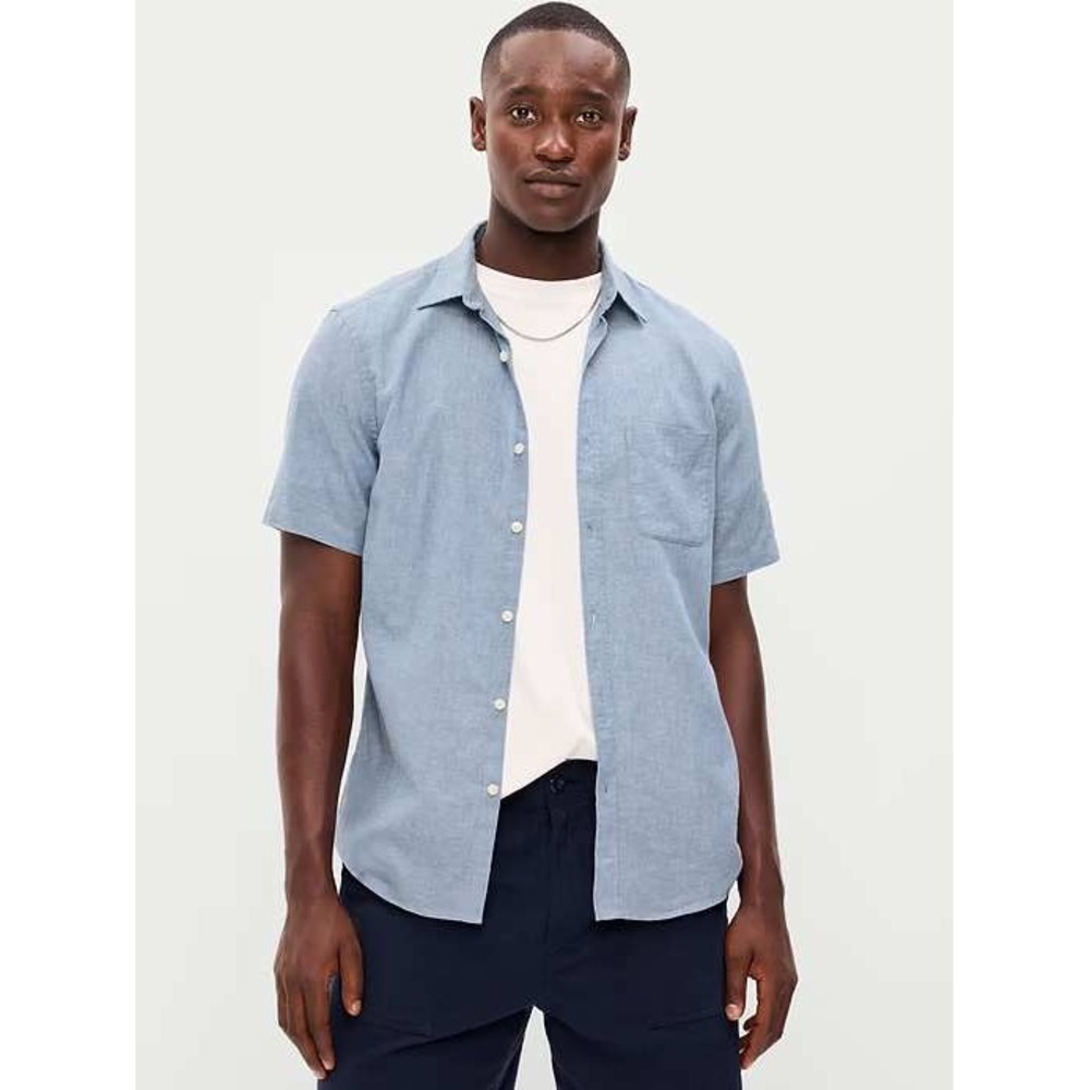 Old Navy Mens Classic Fit Everyday Shirt XL Blue Linen Blend Short Sleeve Shirt